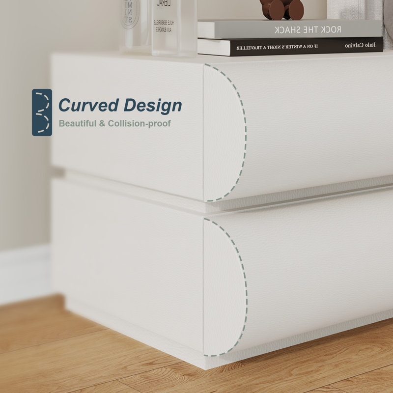 White Leather Wrapped Modern Nightstand with 2 Solid Wood Drawers