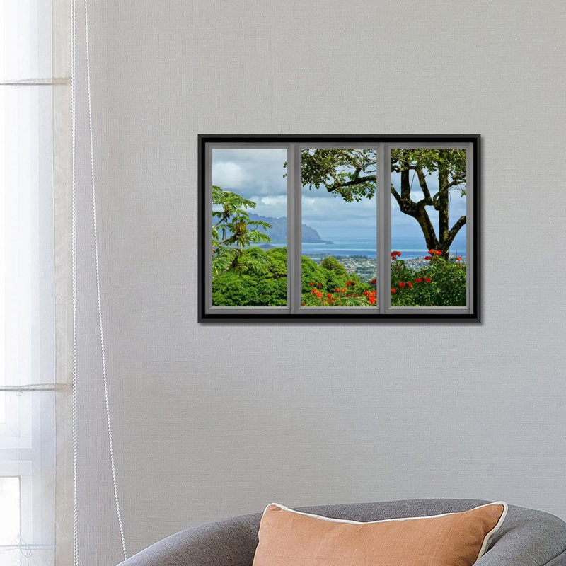 Vue de fenêtre d'Hawaï, reproduction de photo sur toile tendue, Toile avec cadre noir, Pas de tapis