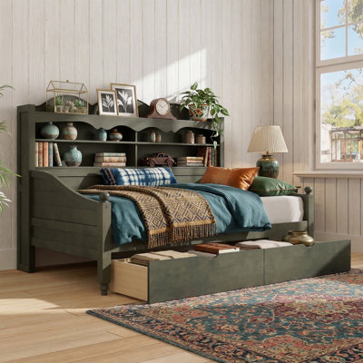 79.3" Twin Daybed With Storage Headboard And 2 Drawers - Solid Wood Bed Frame - Antique Grey