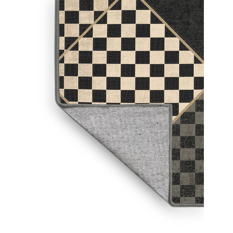 Machine Washable Arverne Art Deco Checkered Rug in Gray – Gray Binding, 5' Round