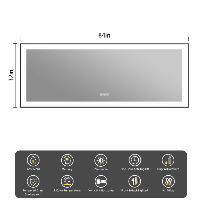Miroir de salle de bain Lunara, 84 po x 32 po