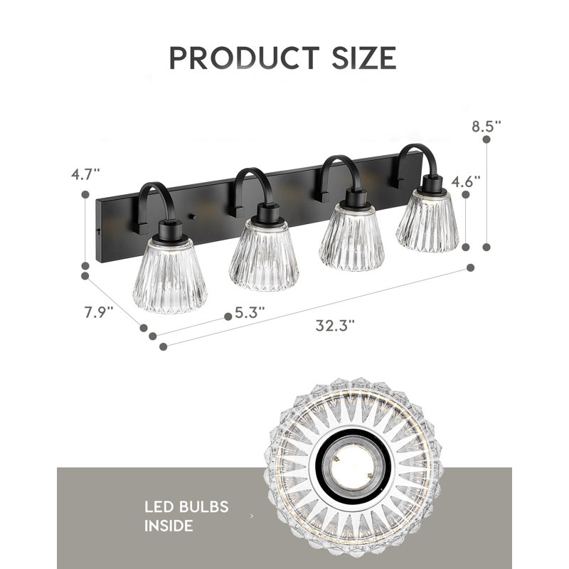 4 - Light Dimmable LED Vanity Light, Fluted Ripple Glass Shade, Industrial Vanity Lighting Fixtures, Black