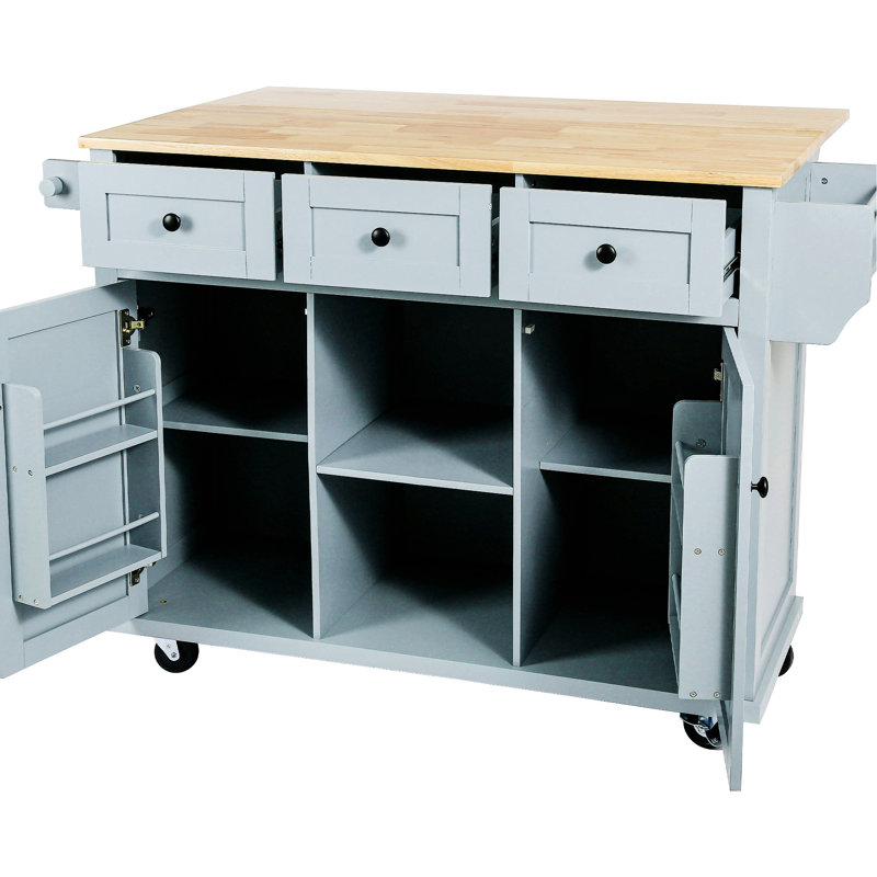 Blue Kitchen Island With 5 Wheels, Drop, 3 Drawers For Stylish Living Decor Space Utilizing Storage & Wheels, Blue