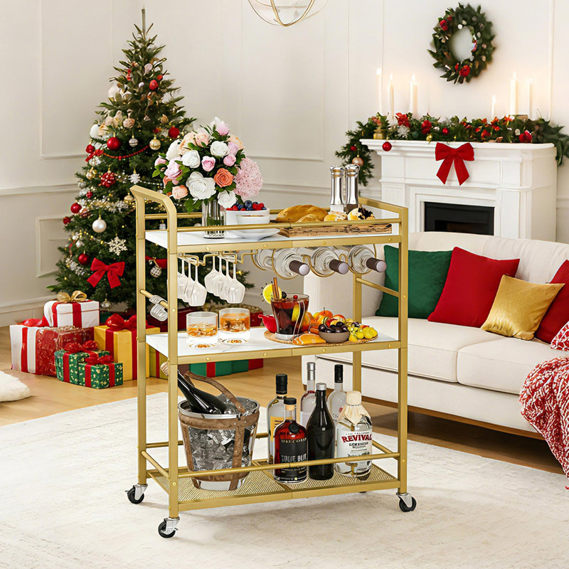 3-Tier Rolling Wine Cart with Glass Holders, Gold, white