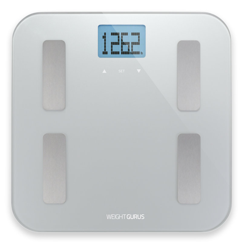 Balance de poids Smart Gurus avec composition de l'application gratuite, IMC et suivi de la graisse corporelle, capacité de 400 lb, grand écran ACL rétroéclairé