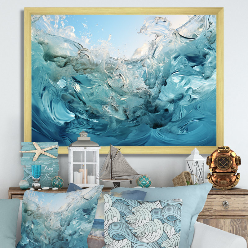 Fusion bleu marine et blanc III sur toile, H 16 po x l 32 po x P 1 po, Cadre doré simple