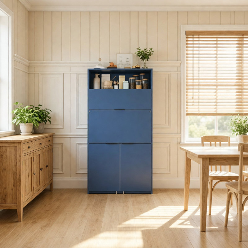 Garde-manger compact, buffet de 69 po de hauteur avec huche et poste de travail pliable, armoire de rangement multifonctionnelle avec tablette réglable et prise de courant pour la salle à manger, le salon, bleu foncé