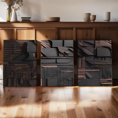 Ensemble de 3 affiches murales encadrées, art mural abstrait moderne en 3 parties sur toile, design géométrique à texture bois, décoration contemporaine noire et marron pour salon, chambre ou bureau, toile tendue et prête à être accrochée