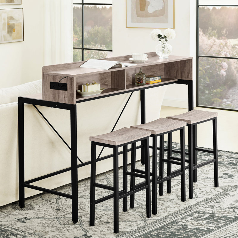 59 inch bar table, dining table, sofa table with power socket and LED light, 3 saddle stools, 4-piece bar table and chairs set for living room, dining room and kitchen