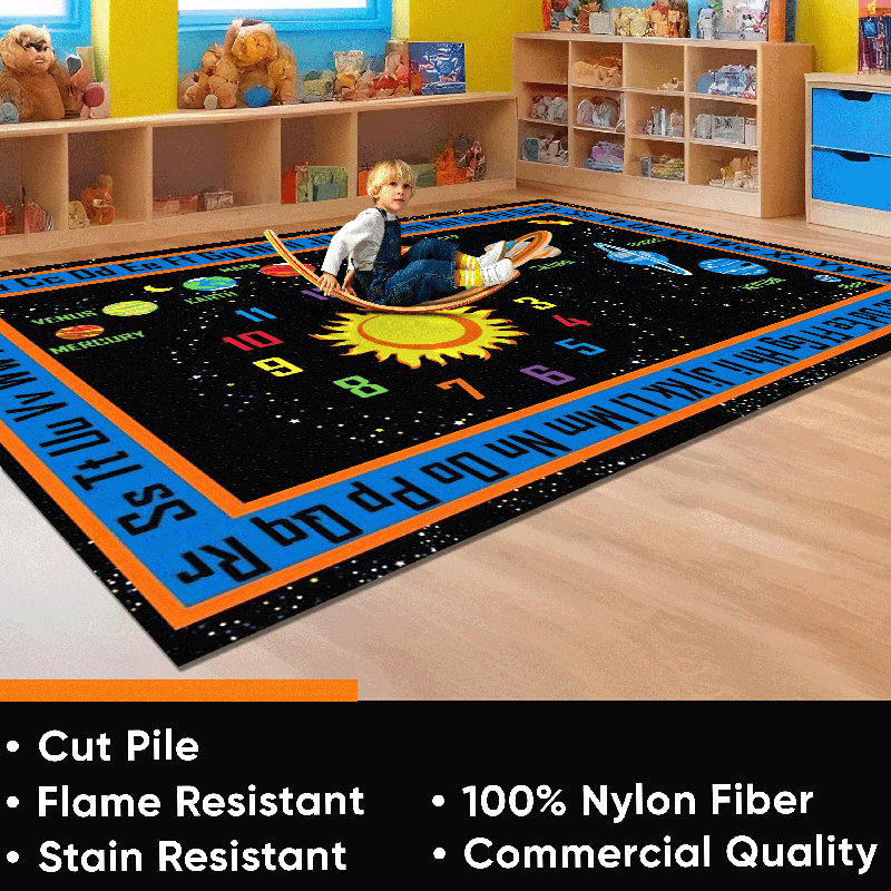 KidCarpet Outer Space Nylon Area Rug, 6' x 8'6", Multicolored Kids Bedroom Educational Rug for Playroom Solar System Kids Rug ABC Alphabet Children's Fun Learning Carpet