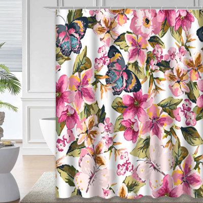 Butterfly Floral Seamless Blue Shower Curtain with 12 Hooks