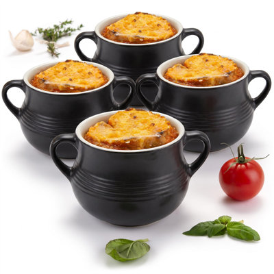 Ensemble de 4 bocaux à soupe à l'oignon français avec poignées, ensemble de 4 bols à soupe en grès noir mat rétro, 575 millilitres (19,4 onces liquides) chacun