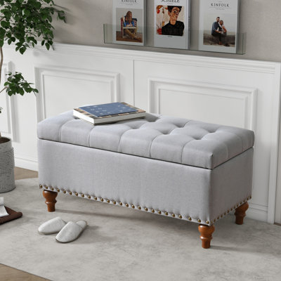 Banc de rangement repose-pieds, charnière de support encastrée facile à ouvrir, garniture de rivet, chambre à coucher, entrée, salon, lin (gris)