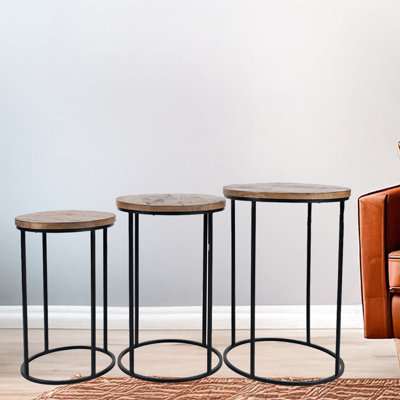 Dondie Round Modern Rustic Solid Wood and Metal Nesting End Tables - Set of 3