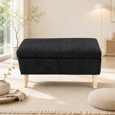 Banc de rangement en velours côtelé de 32 pouces de large avec pieds en bois et olive