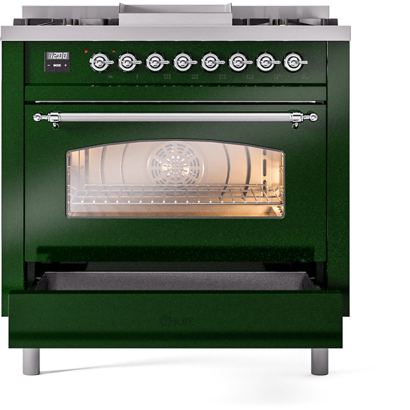ILVE Nostalgie II 36 Dual Fuel Range, knobs, Emerald Green/Chrome, Liquid Propane