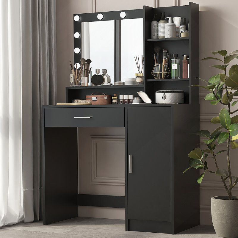 Vanity Desk With Mirror And Adjustable Lighting, Three - Level Storage Dresser For Organized Bedroom Makeup Routine, Black