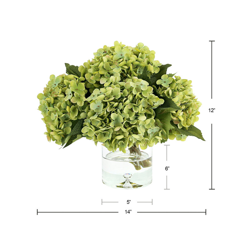 Hydrangeas in Glass Bubble Vase, Green, 14" x 13" 