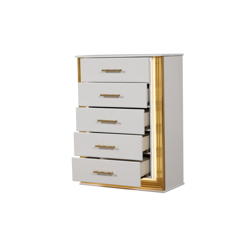 Commode 5 tiroirs Obsession contemporaine - Commode en bois blanc avec lumières DEL, mobilier de rangement moderne