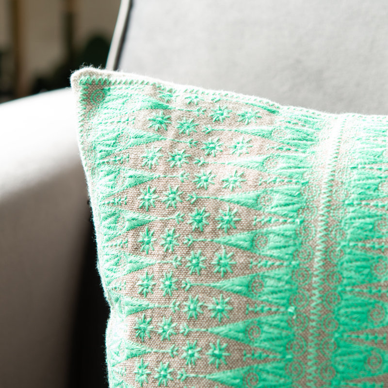Priya Embroidered Linen Reversible Throw Pillow, Green