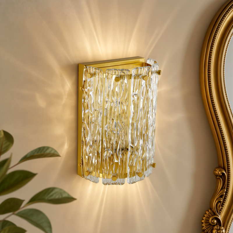 Applique murale dorée avec abat-jour en verre texturé