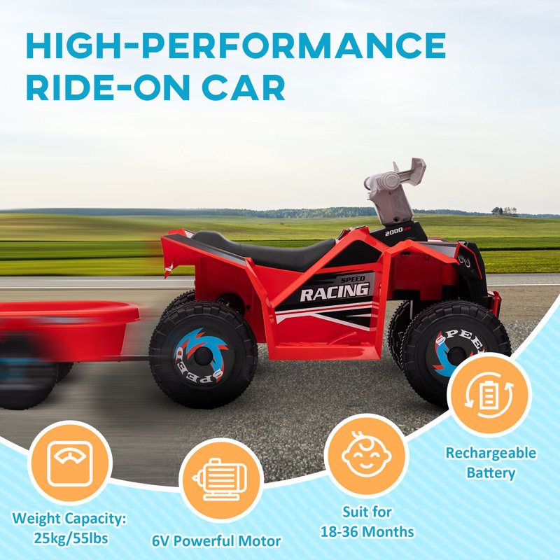 Red 6-Volt Kids ATV Quad with Back Trailer