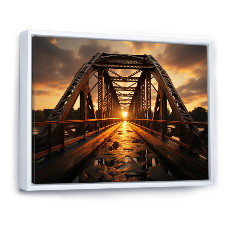 Pont jaune à l'aube II - reproduction d'art sur toile, H 16 po x l 32 po x P 1 po, Cadre flottant blanc