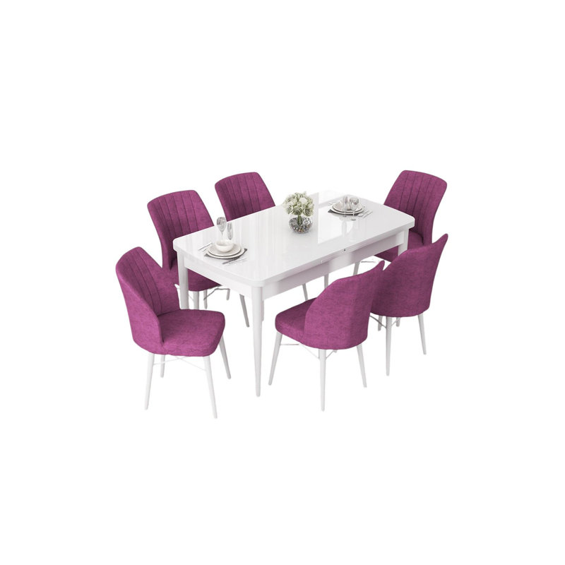 Ensemble de table et chaises de salle à manger extensible (7 pièces), H 30,7 po x l 44,9 po x P 27,6 po, Blanc, Mauve