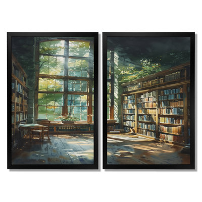 Bibliothèque verte verte bibliothèque Quiet Haven - impression sur toile, ensemble de 2 décorations murales architecture verte