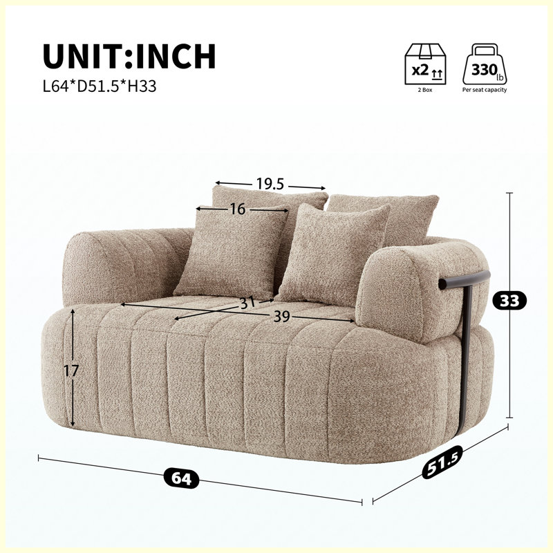 Canapé-lit à assise profonde de 64 po pour salon, chambre à coucher, appartement, bureau, khaki Boucle