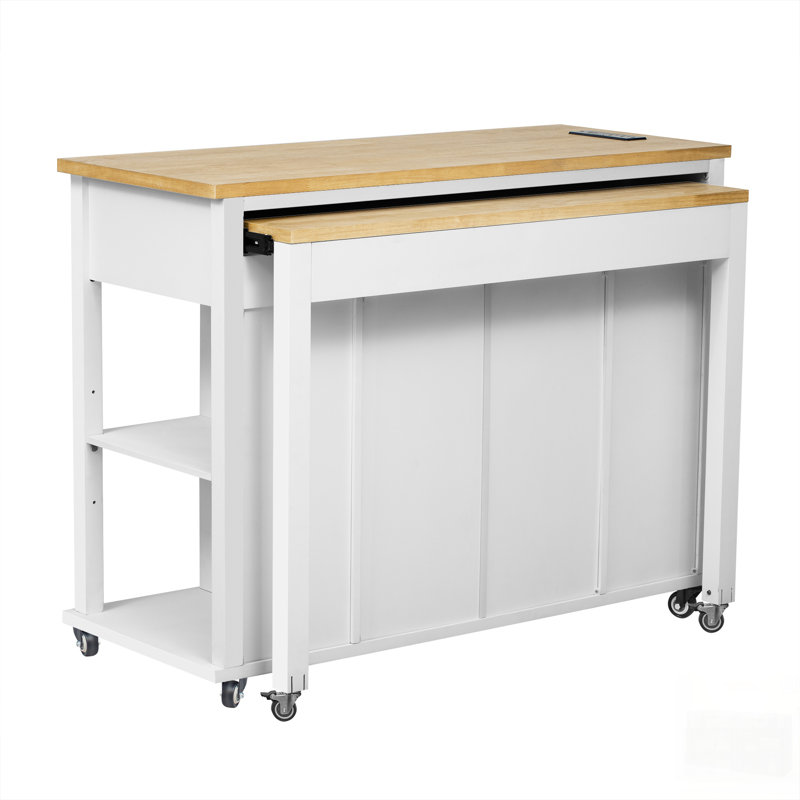 Îlot de cuisine extensible avec rangement, prise de courant et placage en bois d'hévéa pour cuisine moderne, Blanc
