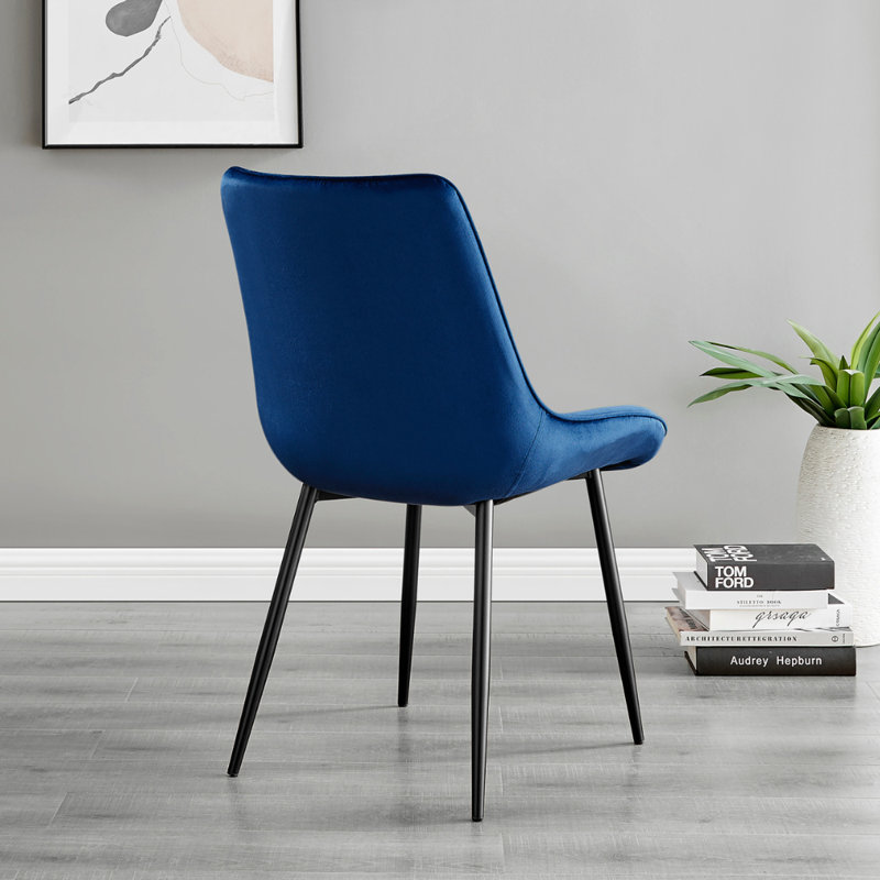 Palermo Velvet Modern Dining Chairs with Tapered Metal Legs & Quilted Diamond Stitching, Black, Navy
