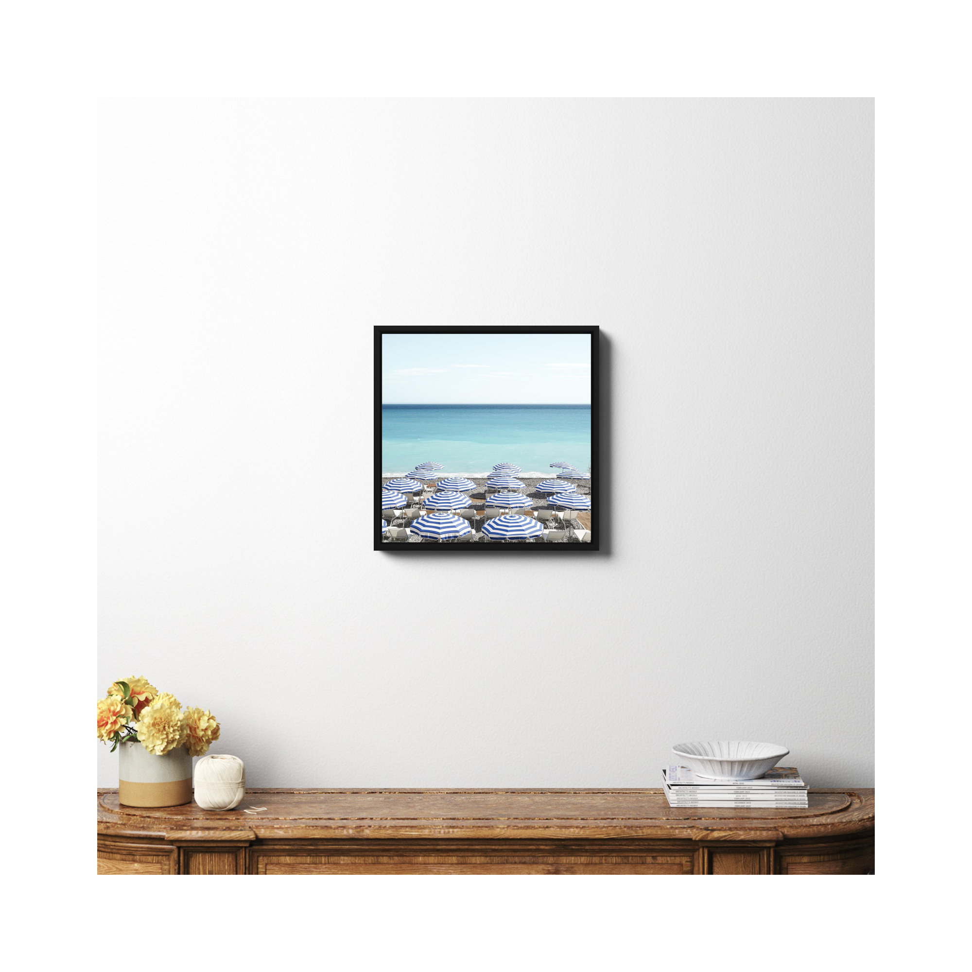 Blue Beach Umbrellas Photo by Henrike Schenk, Black Framed Canvas, No, 20" H x 20" W x 2" D