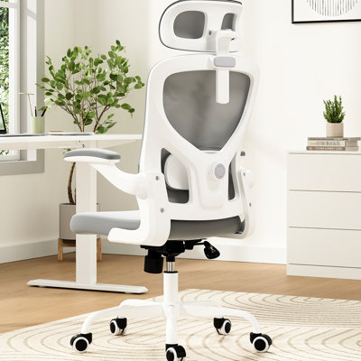Chaise de bureau ergonomique blanche et grise, pivotante, ajustement lombaire vertical, conception peu encombrante, soutien lombaire confortable et relaxant, relevable, filet respirant, fonction berçante