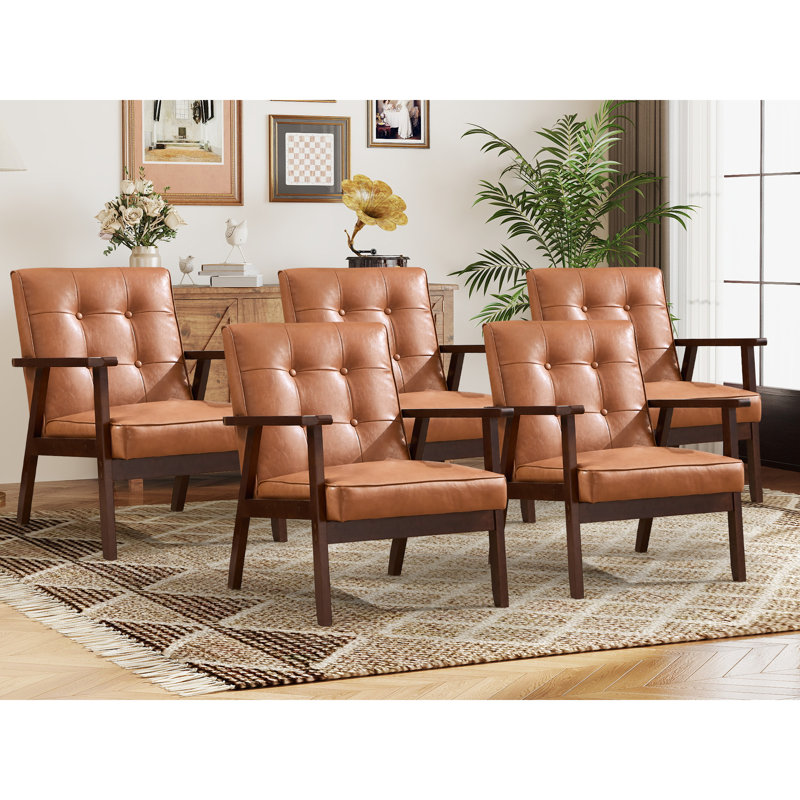 Chesterle 25''Wide Classic Soft Vegan Leather Tufted Accent Chair With Solid Wood Arms And Legs, Brown Faux Leather
