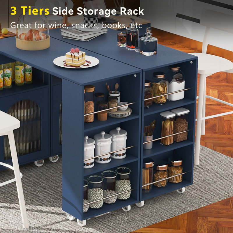 Navy Blue Rolling Kitchen Island with Fluted Glass Doors