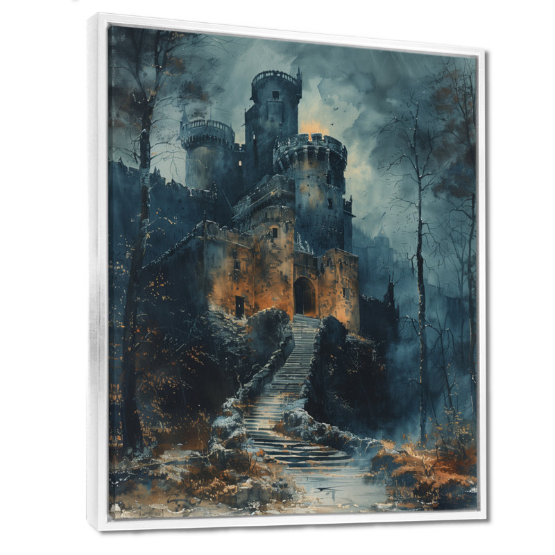 «Gothic Winter Castle of Darkness At Night - Castles», art mural, Toile encadrée flottée blanche