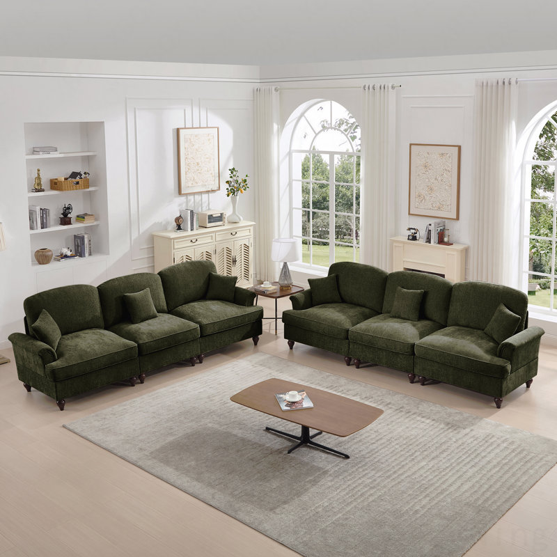 Classic Sleeper Sofa Couch With Flared Arms And Removable Ruffles Pleats Skirts And Spindle Legs, Comfy Modular Sectional Chenille Deep Seat Cloud Sofa Couch With 3 Movable Ottomans,Green