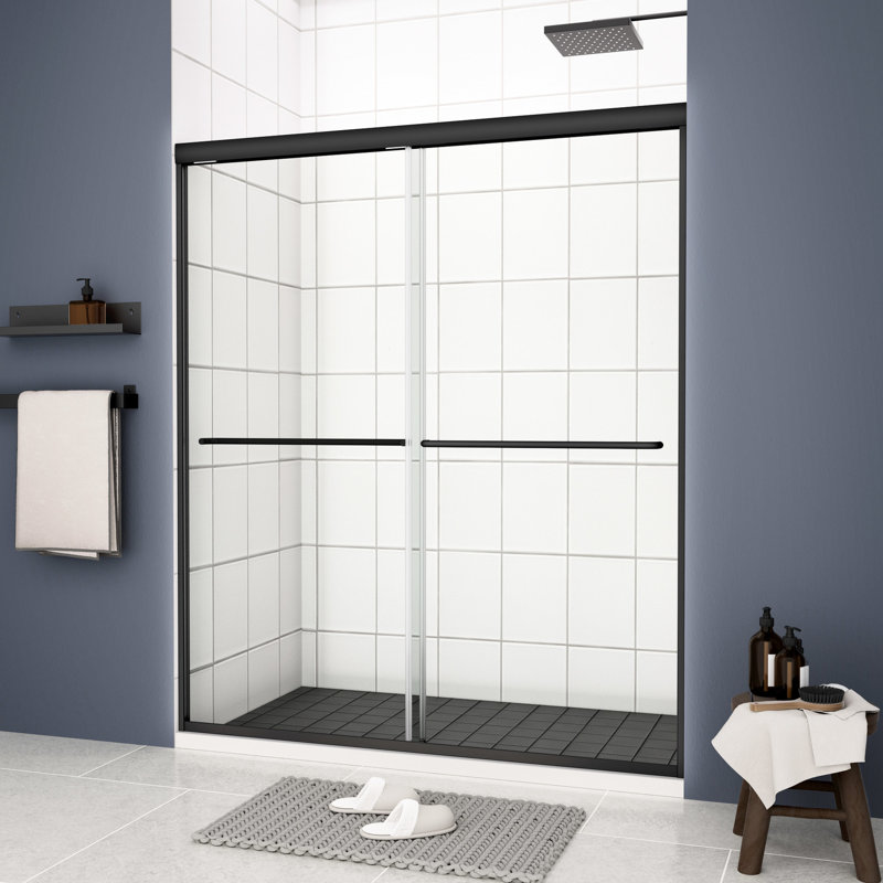 Porte de douche coulissante Bypass, 50 à 54 po x 70 po, verre trempé de 1/4 po, noir mat, rail, poignée en acier inoxydable, fuite, coulissement lisse, finition noire à assemblage rapide, matériaux de qualité, installation simple