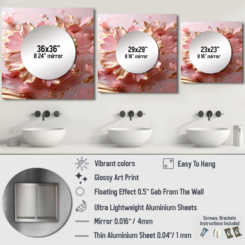 Art floral liquide blanc et rose pâle II - formes abstraites, miroir carré pour décoration murale, 23 po x 23 po