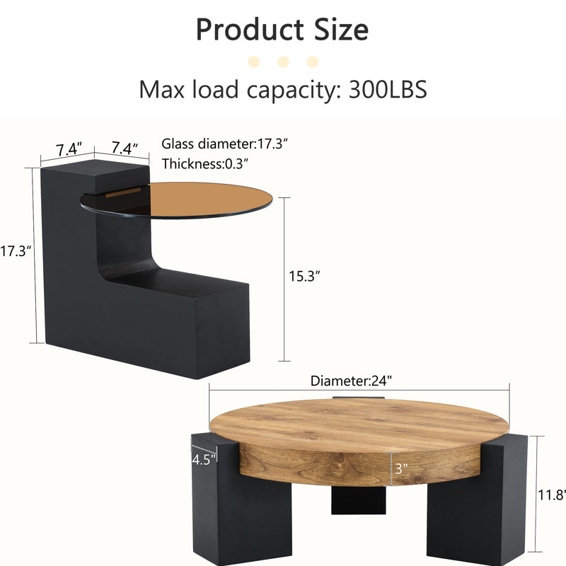 Table basse ronde moderne simple à double couche - Plateau en verre brun transparent avec pieds en panneau de fibres à densité moyenne noirs en forme de L. La conception détachable peut rendre l'utilisation de l'espace plus flexible. W1151P209571