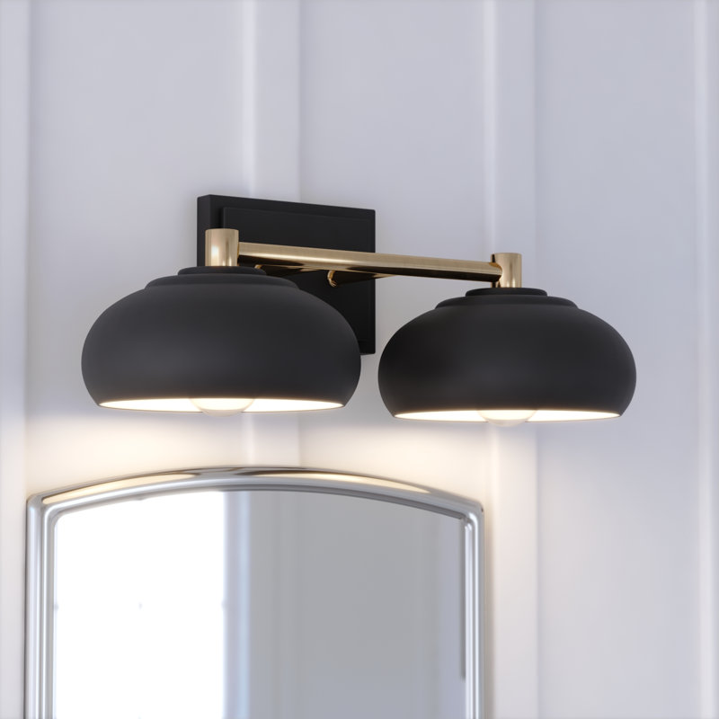Mid Century Modern Dome Bathroom Vanity Fixture, 2 Lights, Matte Black/Satin Brass