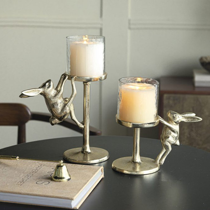 Set Of 2 Gold Rabbit Pillar Candle Holder With Clear Glass Hurricane Shade, S:7X4x7.5" L:7.9X4x11"