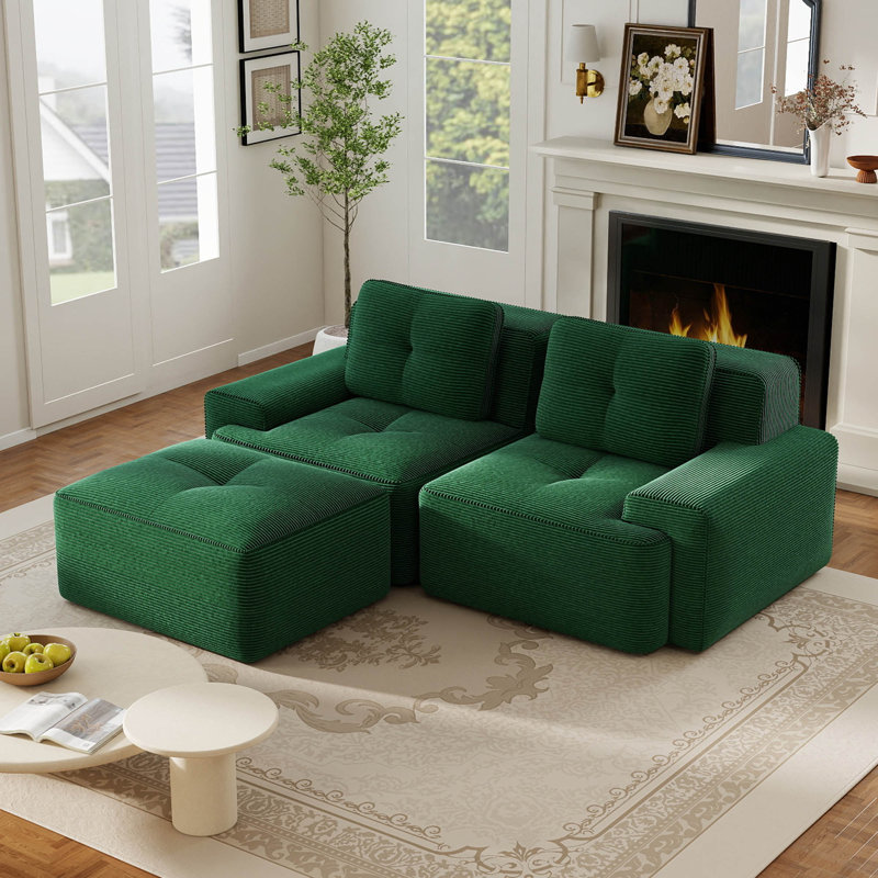 Canapé modulaire en velours côtelé de 80 po avec repose-pieds mobile, Green Corduroy, 80.3" W x 27.1"H x 69.7"D