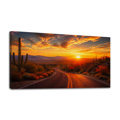 Toile, art du désert, coucher de soleil, cactus de l'Ouest, ciel féroce, superbe décoration murale pour le salon, la salle de bain, la chambre à coucher, le bureau, H 24 po x l 48 po, prête à être suspendue