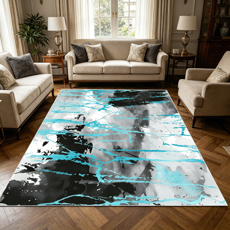 1PC Modern Abstract Teal Black White Drip Watercolor Art area rugs for Living Room, Soft, All seasons, Easy-maintain, Washable Indoor mat, Farmhouse suitable for for dining room, bedroom, kitchen entryway...