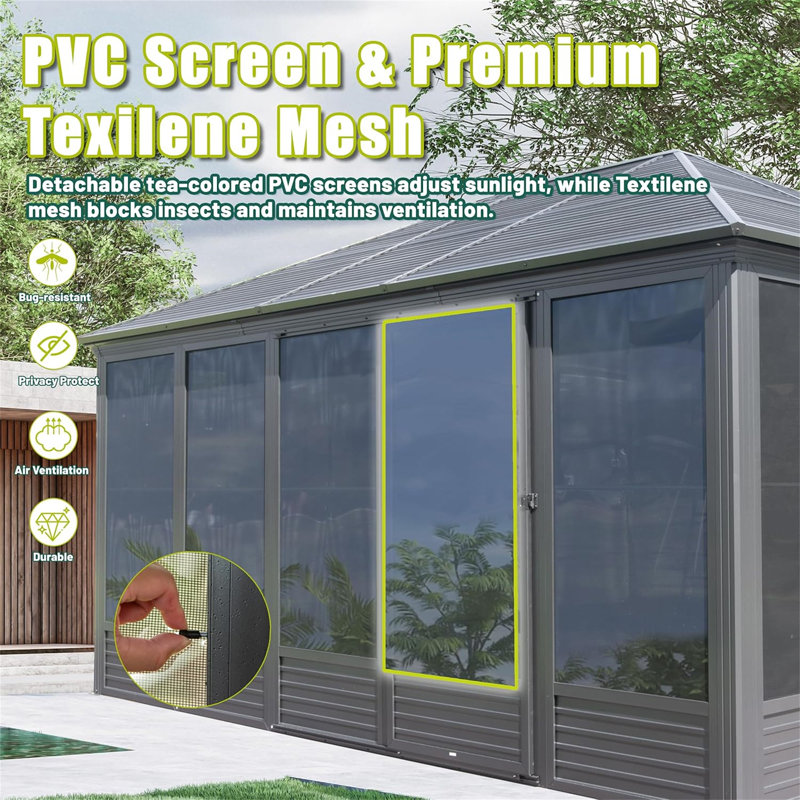 13X16.5FT Sunroom, Four Season Solarium Aluminum Hardtop Gazebo With Galvanized Steel Roof, Movable PVC Screen Walls, Sliding Doors, Sun Room Pavilion Gazebo For Patio Deck Backyard, Gray