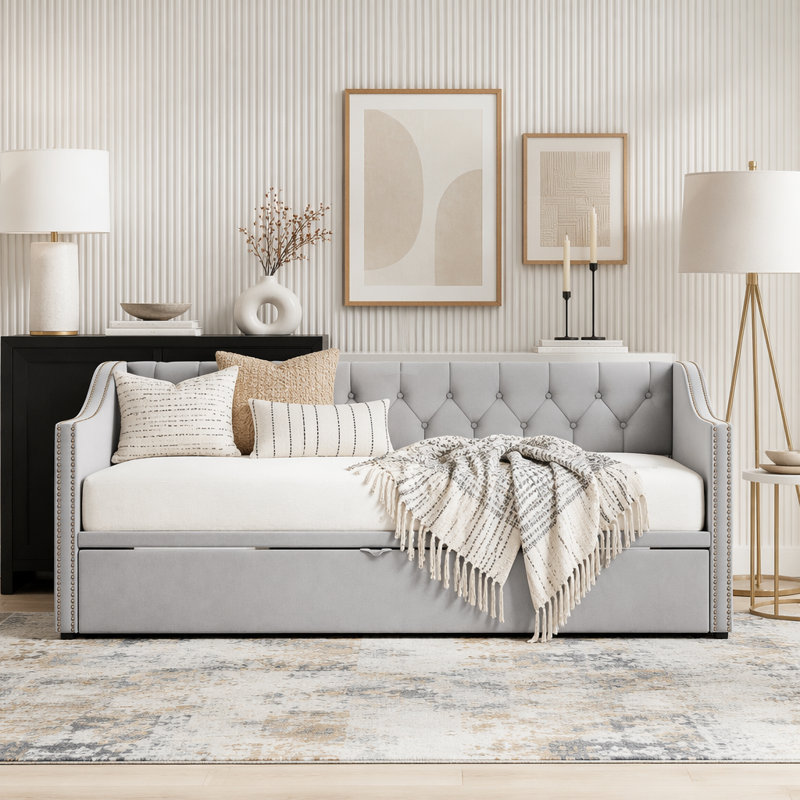 Upholstered daybed with Pop Up Trundle, Gray
