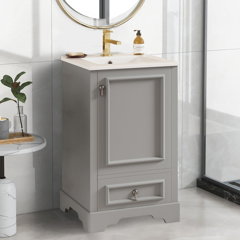 Meuble-lavabo de 20 po avec lavabo en céramique, porte à fermeture en douceur, tablette ajustable en forme de U, Gris/argent