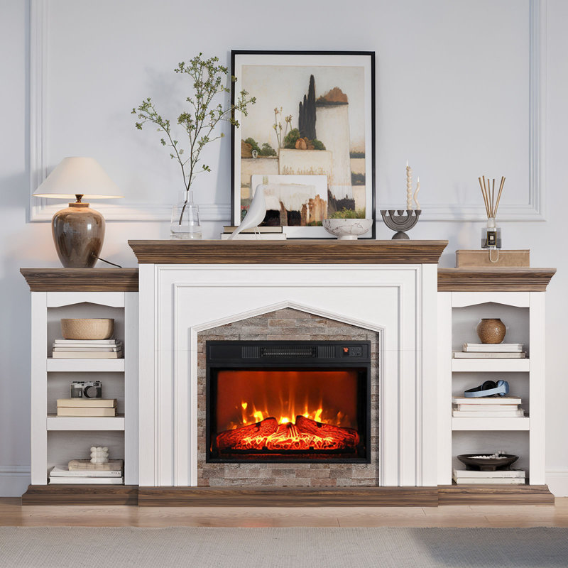 80" Electric Fireplace With Mantel, Tv Stand For Tvs Up To 90 Inch, Farmhouse Entertainment Center With Storage,23'' Fireplace Insert Heater For Living Room，white